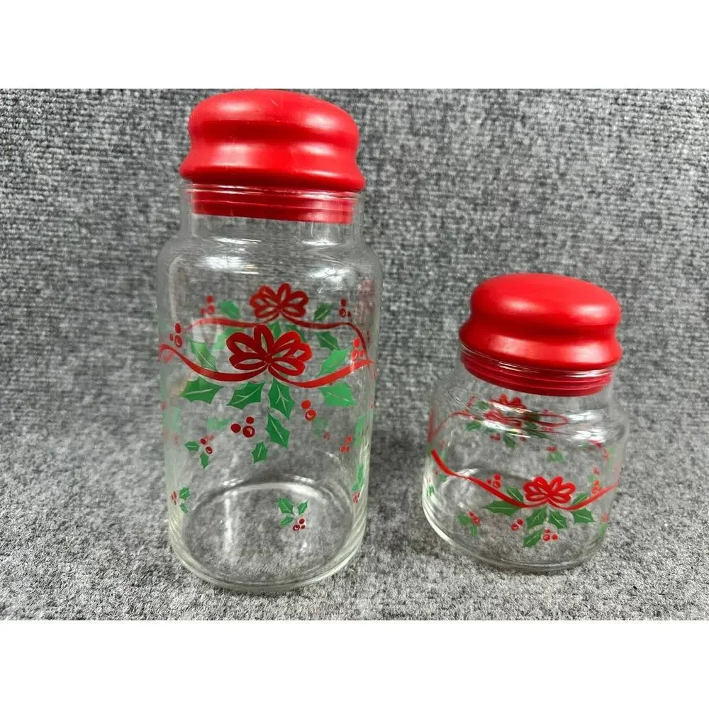 Corning Christmas Glass Jars Set of 2 Red Lids Holiday Storage Canisters